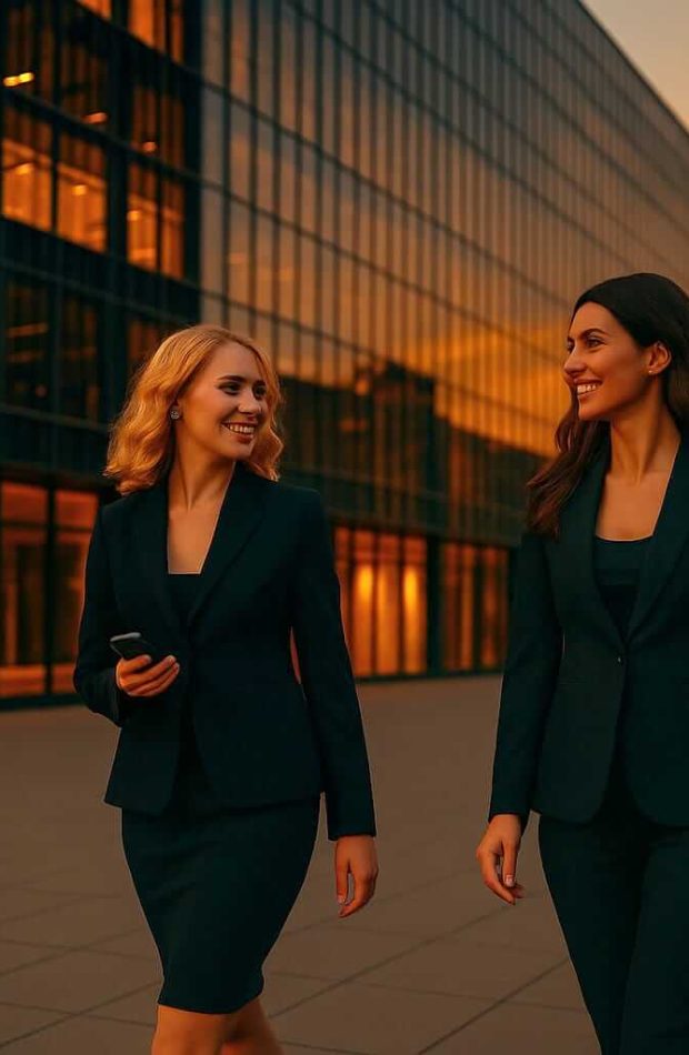 zwei lächelnde Geschäftsfrauen gehen auf der Straße, eine trägt eine Businesstasche, die andere hält ein Handy in der Hand